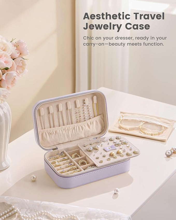 Lolalet Travel Jewelry Case for Women Girls, Travel Jewelry Organizer with Clear Storage Bag Small Portable Jewelry Box for Necklace Bracelet Earring Ring Valentines Bridesmaid Gifts -Medium/Purple