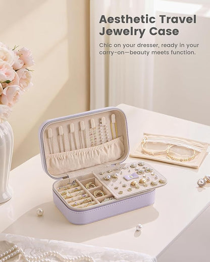Lolalet Travel Jewelry Case for Women Girls, Travel Jewelry Organizer with Clear Storage Bag Small Portable Jewelry Box for Necklace Bracelet Earring Ring Valentines Bridesmaid Gifts -Medium/Purple
