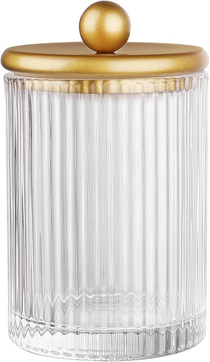 SheeChung 1-Pack Gold Ribbed Glass Qtip Holder - Apothecary Jar Bathroom Organizer with Metal Lid - Small Vanity Canister for Cotton Swabs, Rounds, Floss Picks - Modern Luxury Decor