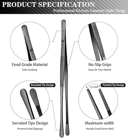 JETKONG 2 Pcs 10-Inch Kitchen Tweezers Tongs with Precision Serrated Tips, Stainless Steel Chef Tweezer Professional Cooking Tweezers for BBQ, Plating and Serving (10-Inch, Black)