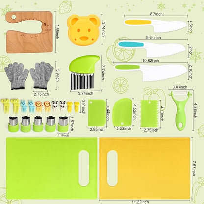 28PCS Toddler Knife Set - Kids Knifes for Real Cooking, Montessori Kids Kitchen Knife Set with Cutting Board Crinkle Cutters Kid Safe Knives, Toddlers Kitchen Tools for Age 2-10 Year Old Girl Boy