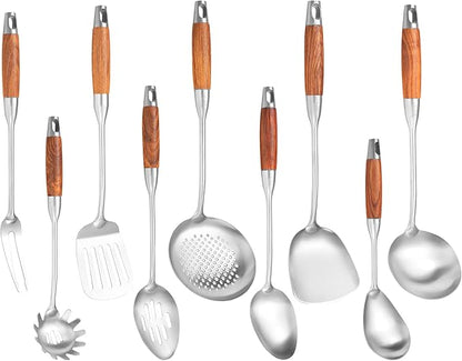 Stainless Steel Kitchen Utensils Set with Wooden Handle for Cooking 9 PCS with Solid and Slotted Spoon, Fork, Spatula, Ladle, Skimmer, Slotted Tunner, Spaghetti and Large Spoon