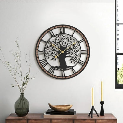 Micasso Non-Ticking Large Wall Clock: 18Inch Tree of Life Metal Black with Solid Wood Frame - Battery Operated Silent Clock for Living Room/Office/Bedroom/Kitchen - Home Decor for Professional Woman