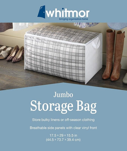 Whitmor Zippered Jumbo Storage Bag, Extra Large 34 Gallon (29"x17.5"x15.5"), Breathable Non-Woven Organizer with Clear Window, Big Moving Bag for Blankets, Clothing, Closet Organization, White