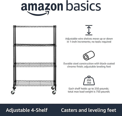 Amazon Basics 4-Shelf Adjustable, Heavy Duty Storage Shelving Unit on 3'' Wheel Casters, Metal Organizer Wire Rack, 36" L x 14" W x 57.75" H, Black