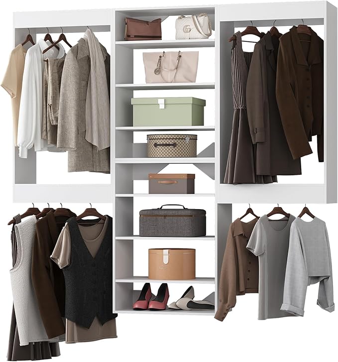 Modular Closet System, 102" Wide Closet Organizer System with Hanging and Towers, Wood Tower Closet Storage for Walk In Closets, Wall Mounted Wardrobe Organizer Kit System, Bedroom,White