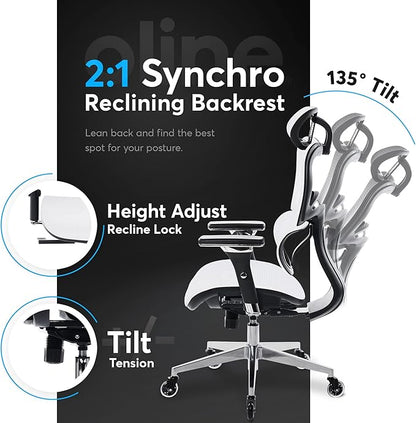 Oline ErgoPro Ergonomic Office Chair with 4D Adjustable Armrest, 3D Lumbar Support and Blade Wheels - Mesh Computer Gaming Rolling Desk Executive Swivel Home Chair (White)