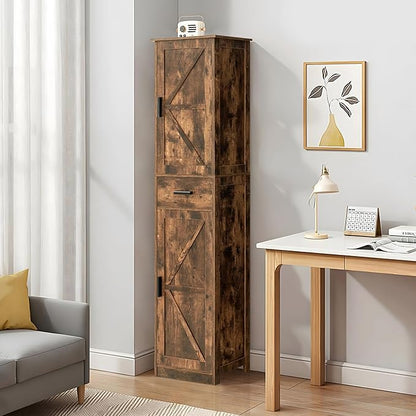 TEENFON Tall Bathroom Cabinet, Storage Cabinet with 6 Shelves & Drawer, Bathroom Storage Cabinet with Adjustable Shelves, Tall Cabinet for Living Room, Home Office, Brown