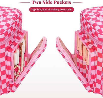 Bagmoly Large Checkered Makeup Bag, Travel Makeup Bag Organizer for Women Girls with Makeup Brush Compartment & Two Side Pockets, Cosmetic Travel Bag Vertical Storage Toiletry Bag- Hotpink