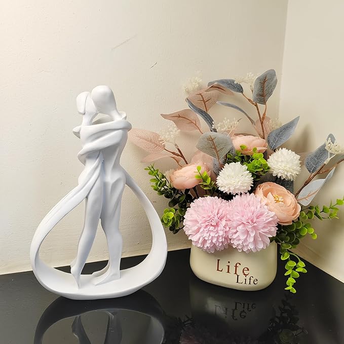 Couple Sculptures for Home Decor, Anniversary Statue Gifts, Hugging Couple Figurines, Modern Romantic Sculptures for Living Room, Bedroom, Office Decor (White)