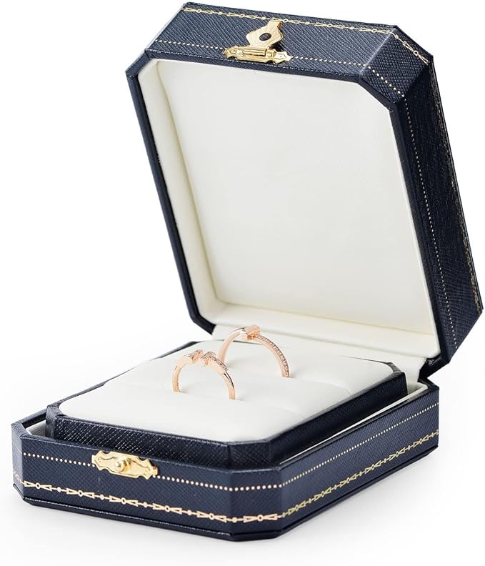 Oirlv Double Ring Box Royal Blue Ring Bearer Box for Engagement Wedding Jewelry Gift Case