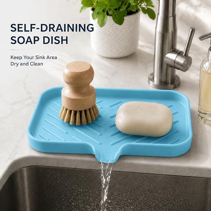 MicoYang Silicone Soap Dish with Drain Spout — Self-Draining Sink Organizer Tray for Bathroom & Kitchen, Sponges, Dispensers & Soap Holder, Non-Slip & Dishwasher Safe, Light Blue (Medium, 9.6"×5.3")