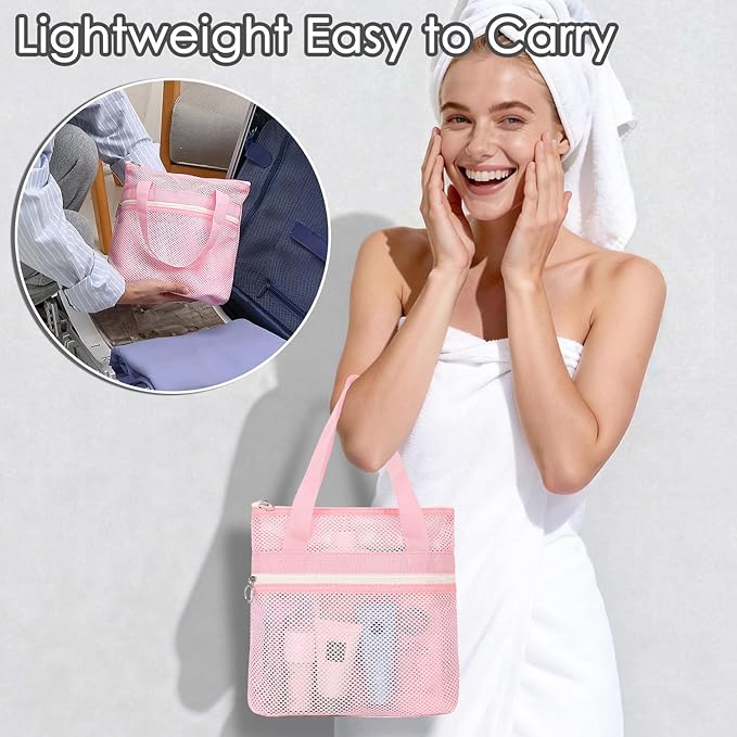 GYEUKHAM Portable Mesh Shower Caddy with 2 Zipper Pockets & Dual Handles, Quick-Drying Hanging Shower Tote for College Dorm, Gym, Travel & Camping, Pink