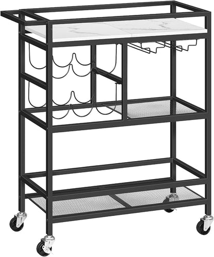 Bar Cart for Home, 3-Tier Serving Cart with Wheels and Handle, Beverage Cart with Wine Rack and Glass Holders, Rolling Wine Cart for Kitchen, Dining Room, Marble and Black RCHM6101