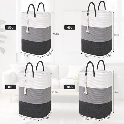 Woven Laundry Basket for Clothes,100 L Large Rectangle Laundry Hampers with Beads Tassel, Nursery Storage Basket for Toys, Tall Dirty Clothes Hamper for Bedroom Aesthetic, Laundry Room Organization