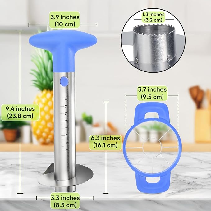 OOKUU Pineapple Corer Cutter, Stainless Steel Fruit Pineapple Peeler Slicer [Upgraded, Reinforced, Thicker Blade], Pineapple Core Remover with Measure Mark, for Diced Pineapple Ring (Blue)