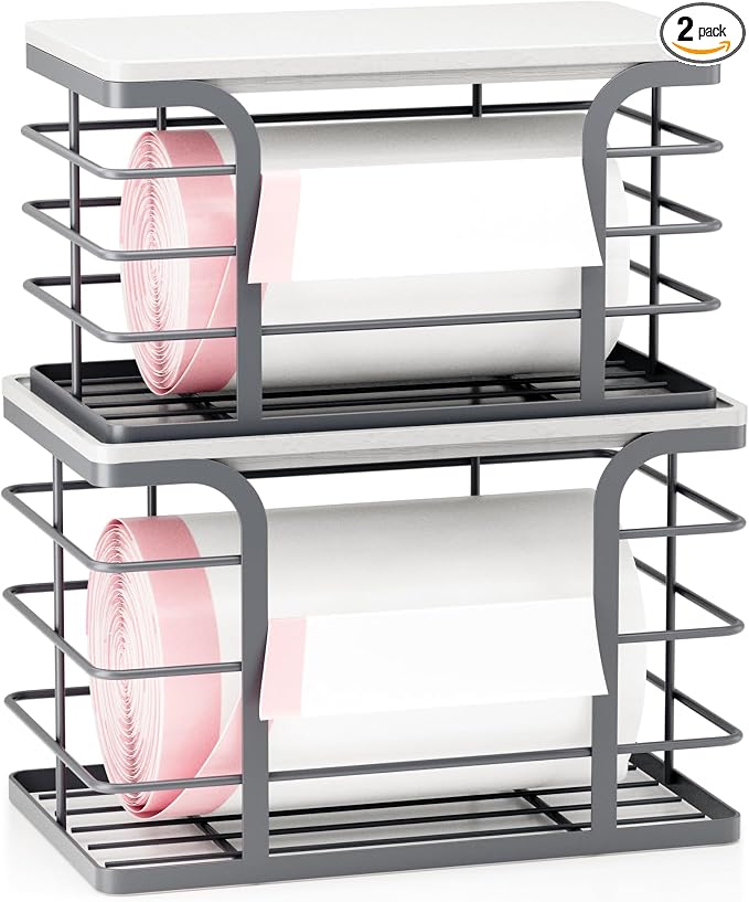 2 Pack Trash Bag Holder,Stackable Storage Kitchen Laundry Organizers with Bamboo Top,Garbage Bag Dispenser for Countertop Organization,Gray