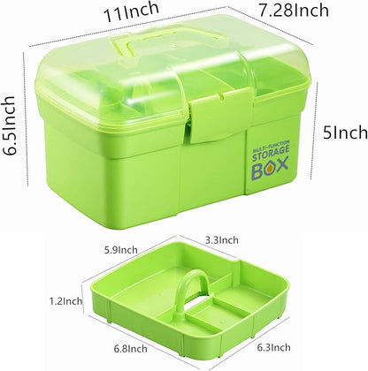 Kinsorcai 11'' Plastic Storage Box with Removable Tray, Multipurpose Organizer and Storage Case for Art Craft and Cosmetic (Green)