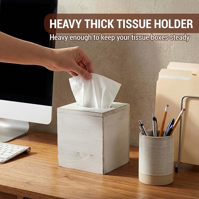 MyGift Vintage White Wood Tissue Box Cover Holder with Easy Refill Slide Out Bottom, Decorative Square Bathroom Facial Tissue Holder