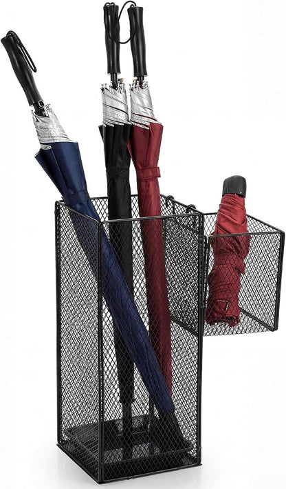 OwnMy Metal Umbrella Holder for Entryway, Indoor Umbrella Stand for Entryway with Small Basket and Draining Tray, Modern Umbrella Storage Stand Rack for Home Office Hotel Entrance, 16.5" Height