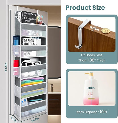 Easy Assembly Over The Door Organizer, 5 Shelves& 8 Side Pockets, Heavy-Duty Reinforced Mesh Rack Holds 44lb, Hanging Behind Door Storage for Bathroom Pantry, Nursery, Closet, Shoes, Towels-Grey