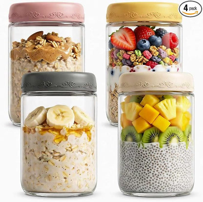18oz 4Pack Glass Overnight Oats Jars Containers with Airtight Leakproof Lids, Reusable Mason Jars for Meal Prep, Yogurt Parfaits, Smoothies, Salads & Healthy Breakfasts (18 OZ-4-2)