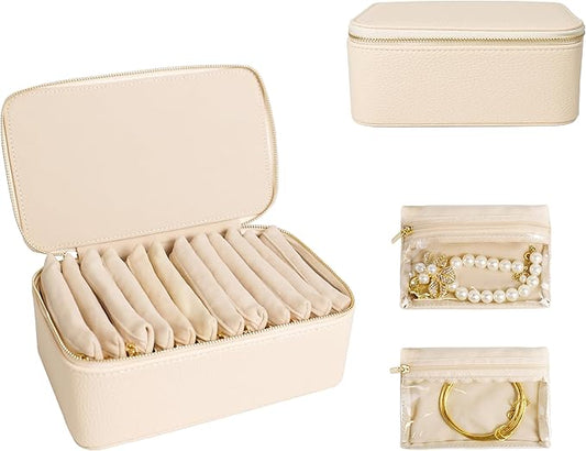 Travel Jewelry Case, Small Travel Jewelry Box with 12 Velvet Jewelry Bag Mini Pouch, Portable Travel Jewelry Organizer for Rings Earrings Necklaces (Beige 12 Pcs)