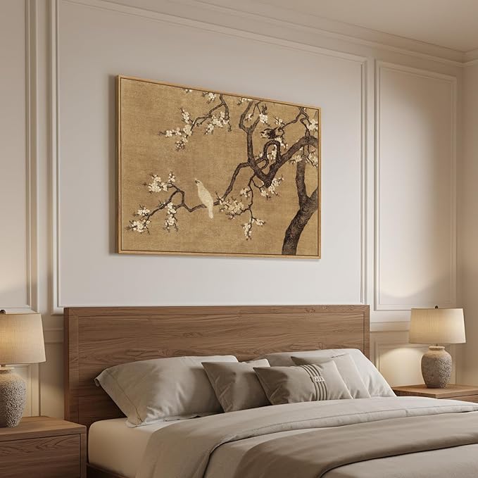Framed Vintage Floral Bird Zen Wall Art, Neutral Asian Plum Blossom Branch Flower Birds Canvas, Minimalist Classic Oriental Calming Painting Prints for Living Room Bedroom Chinese Wall Decor, 36x24