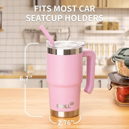 Kids Insulated Tumbler with Handle 16 oz Stainless Steel Double Wall Vacuum Tumbler Cups Travel Coffee Mug with Lid and Straw (Purple Pink)