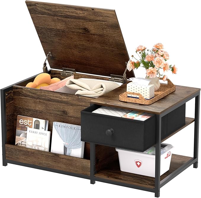 SINPAID Coffee Table with Storage, Rectangular Coffee Tables for Living Room, Farmhouse Coffee Table with Hidden Storage Compartment and Adjustable Shelves, Walnut