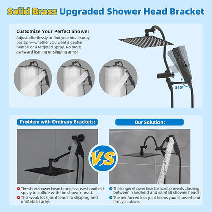 Hibbent All Metal cUPC Certified Shower Head, 12'' High Pressure Rainfall Showerhead Combo, Handheld Shower Wand, 12'' Adjustable Extension Arm, 4-Spray, 71'' Hose, Brass Shower Holder, Matte Black