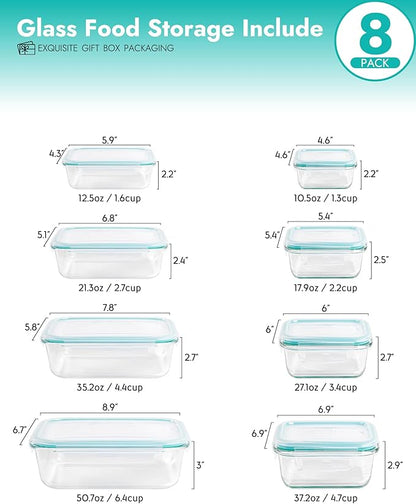 8-Piece Borosilicate Glass Food Storage Containers Set with Airtight Lids – Oven, Microwave & Freezer Safe, Leak-Proof, BPA-Free – Baking, Meal Prep & Gift Box