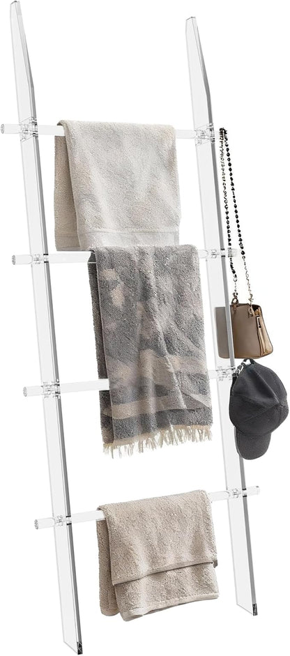 MESAILUP Blanket Ladder 5.6FT for Bathroom, 4 Tier Modern Decor Waterproof Blanket Holder for Living Room and Bedroom, Easy Assembly Clear Acrylic Ladder Shelf, Leaning Quilt Rack with Anti Slip Pads