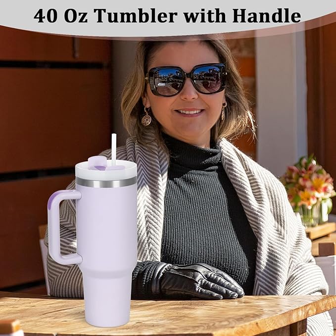 4 Pack 40 Oz Tumbler with Handle Bulk, Double Wall Vacuum Insulated Stainless Steel Tumbler with Lid and Straw, 40 oz cup with Silicone Spill Proof Stopper Set (Cream,Purple,Dark Green,Rose Quartz)
