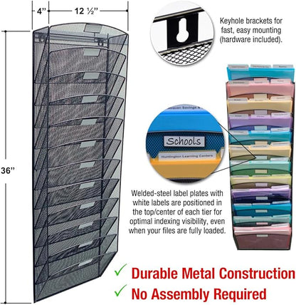 Ultimate Office Mesh Wall File Organizer, 12 Tier Vertical Mount Hanging File Sorter. Multipurpose Display Rack Includes 18, 3rd Cut PocketFile Clear Document Folder Project Pockets (Black)