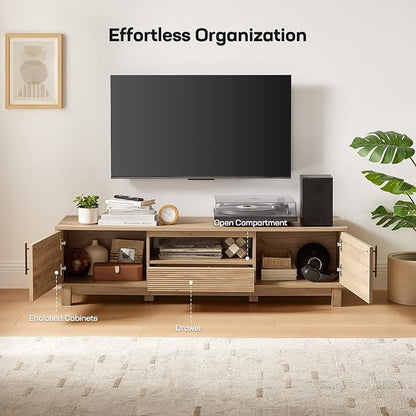 Amada 58" TV Stand for TVs up to 65 Inch, 58 Inch Fluted Entertainment Center with Storage Cabinets and Drawer, Mid Century Modern TV Console Table for Living Room & Bedroom, Natural Oak