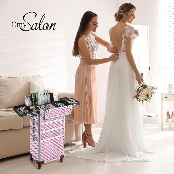 mefeir 4-in-1 Rolling Makeup Train Case Lift Handle,4 Removable Wheels Lockable Keys,Aluminum Cosmetic Trolley Beauty Stylist Artist Organizer Box,Ideal Xmas New Year Gift (Diamond Pink)