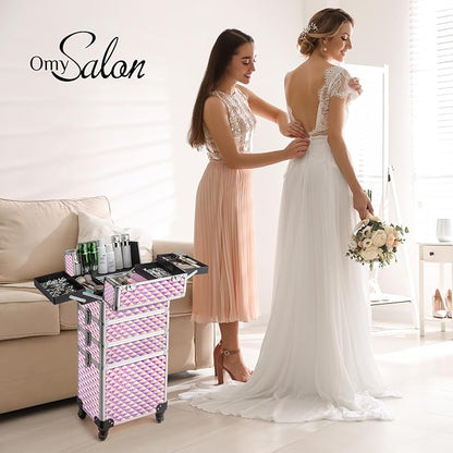 mefeir 4-in-1 Rolling Makeup Train Case Lift Handle,4 Removable Wheels Lockable Keys,Aluminum Cosmetic Trolley Beauty Stylist Artist Organizer Box,Ideal Xmas New Year Gift (Diamond Pink)