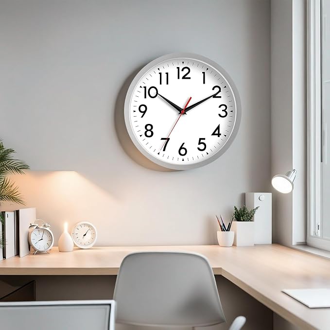 DAXSMY 12 Inch Wall Clock Battery Operated Silent Non Ticking Analog Modern Decorative for Office Kitchen Outdoor Living Room Classroom Bedroom Bathroom School(Silver)