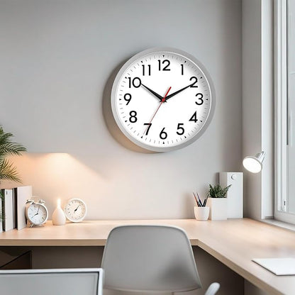 DAXSMY 12 Inch Wall Clock Battery Operated Silent Non Ticking Analog Modern Decorative for Office Kitchen Outdoor Living Room Classroom Bedroom Bathroom School(Silver)