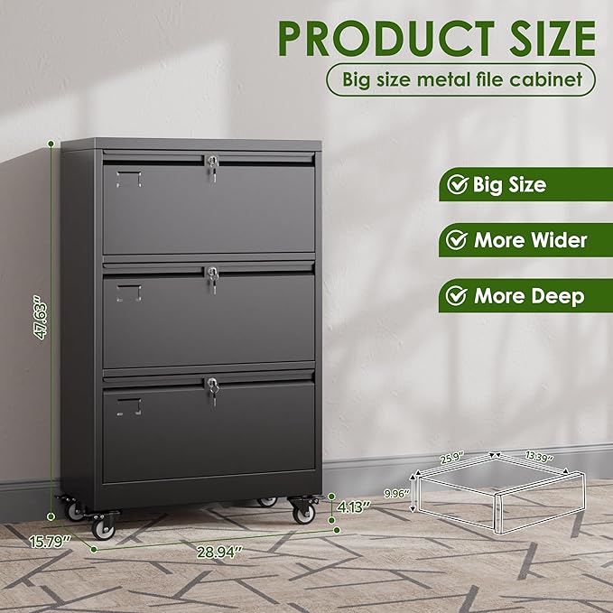 Aobabo 3 Drawer Lateral File Cabinet with Wheels, Lockable Metal Filing Cabinet for Home Office, Legal/Letter Size,Black,Required Assembled,15.87" D x 28.94" W x47.63 H