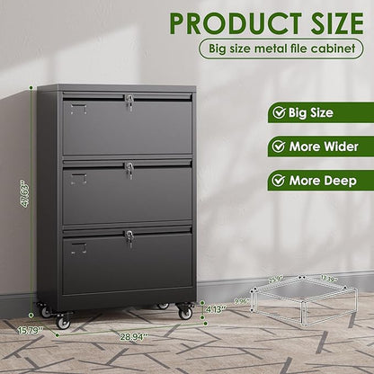 Aobabo 3 Drawer Lateral File Cabinet with Wheels, Lockable Metal Filing Cabinet for Home Office, Legal/Letter Size,Black,Required Assembled,15.87" D x 28.94" W x47.63 H