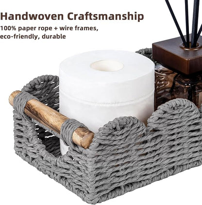 CubesLand Bathroom Basket Organizer w/Cut Out Handle, Back of Toilet Paper Storage Baskets for Bathroom Countertop Decorative, Small Scalloped Wicker Basket Also for Home Decor, Living Room, Grey