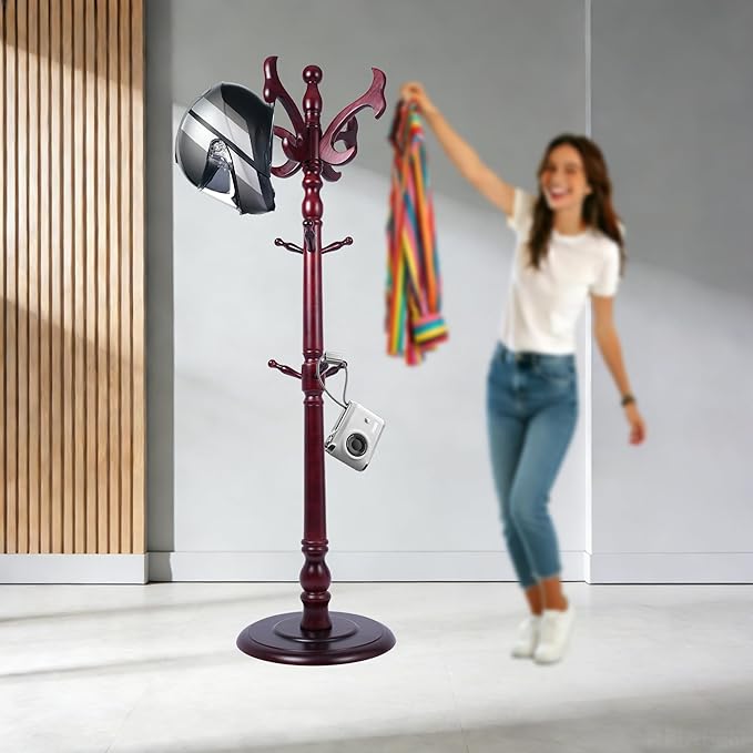 Wood Coat Rack Stand Heavy Duty, Coat Hanger Stand Height 72“ with Hooks, Coat Tree Freestanding for Entrance, Office, Living Room, Bedroom, Corridor