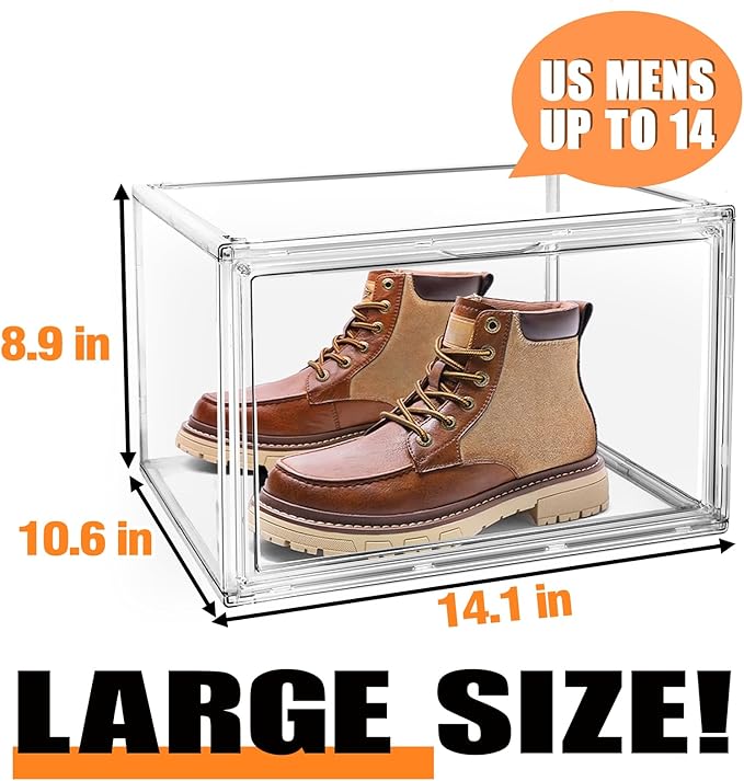 10 Pack Acrylic Clear Shoe Organizers, Size 13 Sneaker Display Case Magnetic Door Shoe Container, Transparent Shoe Boxes for Toy Hat Collectible in Entryway, Hallway, Closet, Underbed