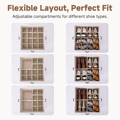 StorageWorks Shoe Organizer for Closet, Shoe Storage Cubby Containers with Adjustable Dividers and Clear Cover, Fits up to 16 Pairs, Foldable Shoe Storage Box for Closet, Entryway, Beige