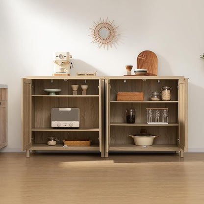 SICOTAS Rattan Cabinet Sideboard Buffet Storage Cabinet - 3 Pieces Farmhouse Boho Credenza Coffee Bar Cabinet with Rattan Decorated Doors for Kitchen Living Room - Light Oak