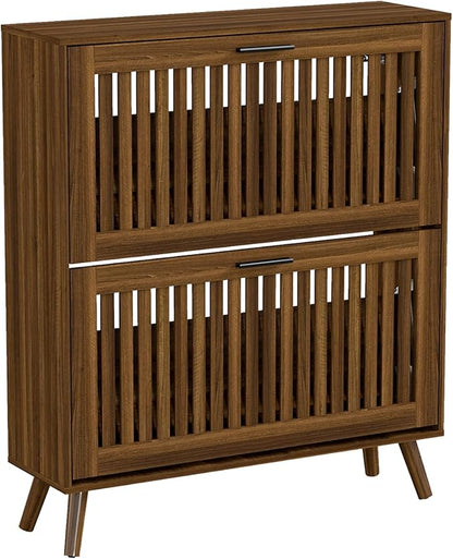 Vibe & Dine Shoe Cabinet with 2 Flip Drawers, Narrow Shoe Rack with Black Handles, Free Standing Shoe Storage Cabinet for Entryway Slim, Wood Shoe Organizer Cabinet for Hallway, Bedroom, Walnut