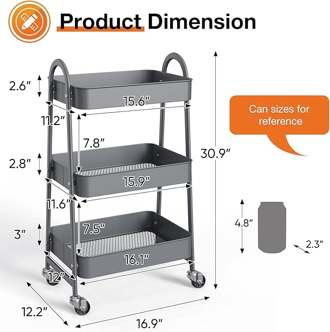 NEWBULIG 3-Tier Metal Rolling Cart with Lockable Wheels, Heavy Duty Mobile Utility Storage Shelf, Roller Book Snack Cart, Grey