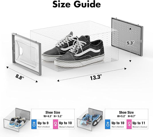 Foluck Shoe Storage Box, 15 Pack Clear Plastic Stackable Organizer for Closet, Interlocking Design Shoes Container Bins for Sneakers, Foldable Shoe Rack with Lids, Grey